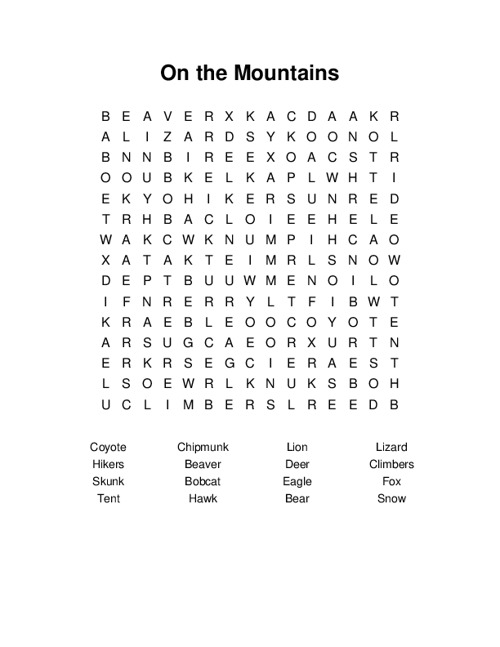 On the Mountains Word Search Puzzle