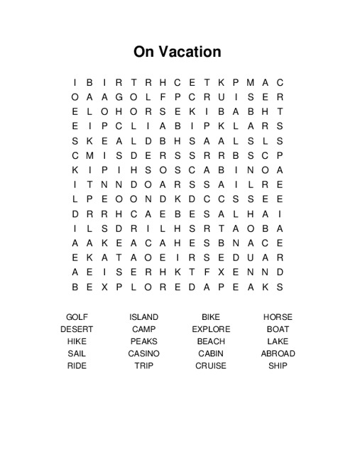 On Vacation Word Search Puzzle