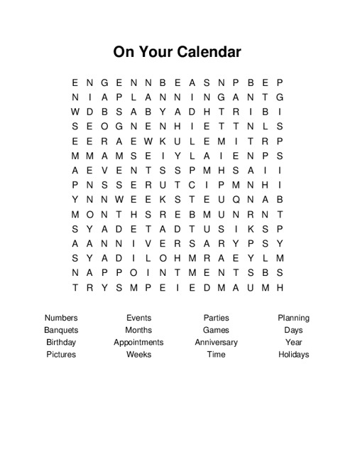 On Your Calendar Word Search Puzzle