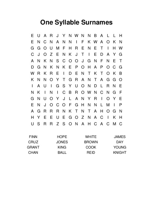 One Syllable Surnames Word Search Puzzle