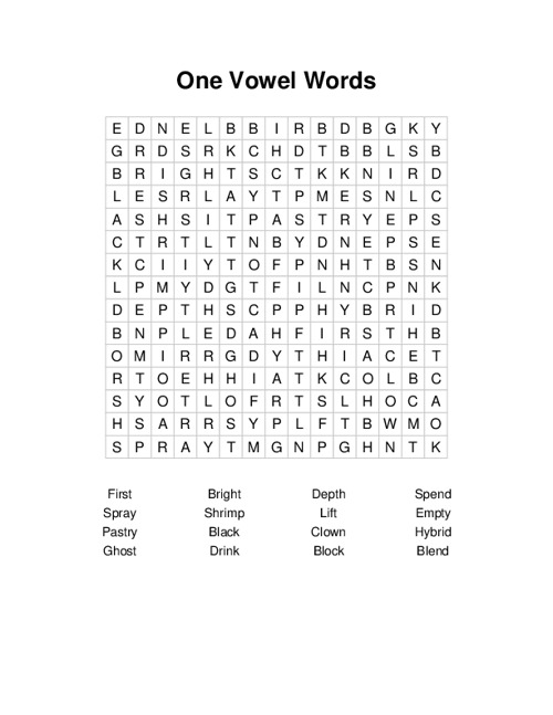 One Vowel Words Word Search Puzzle