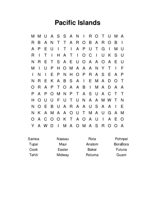 Pacific Islands Word Search Puzzle