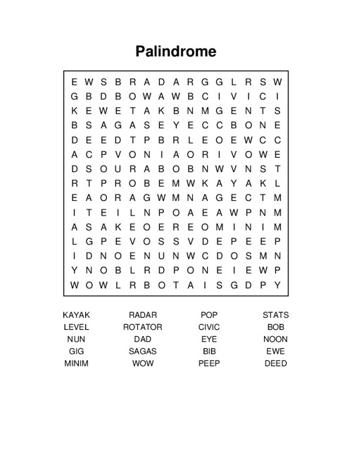 Palindrome Word Search Puzzle