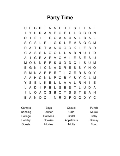 Party Time Word Search Puzzle
