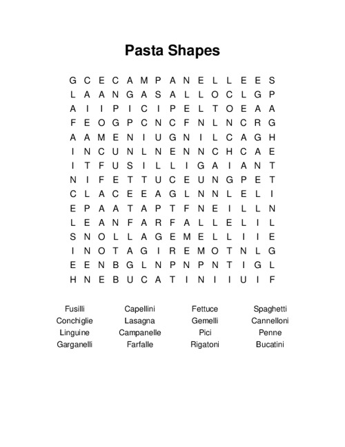 Pasta Shapes Word Search Puzzle