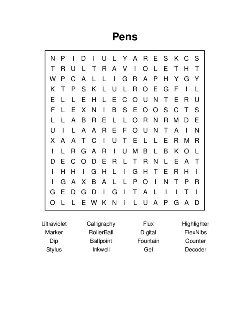 Pens Word Search Puzzle
