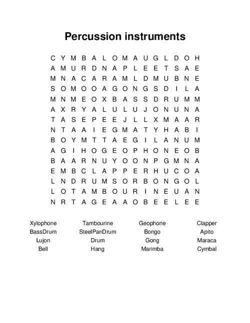 Percussion instruments Word Search Puzzle
