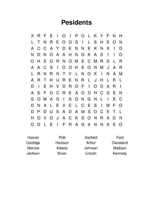 Pesidents Word Search Puzzle