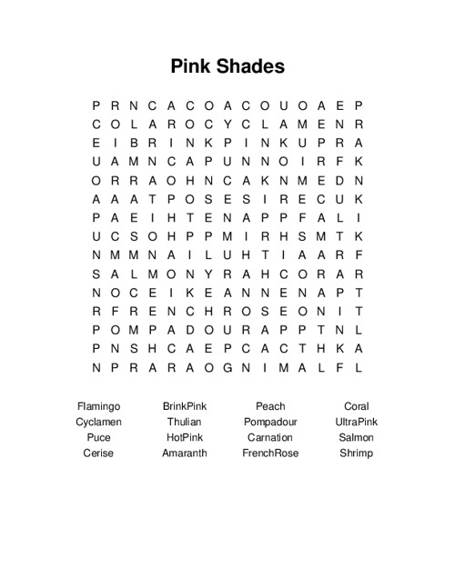 Pink Shades Word Search Puzzle