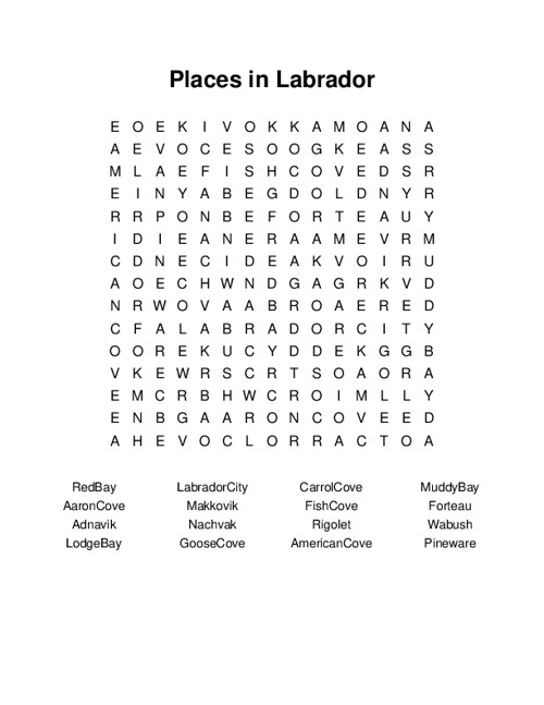 Places in Labrador Word Search Puzzle