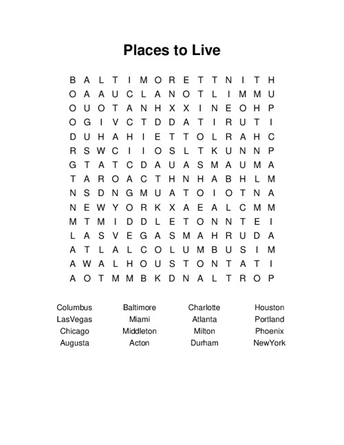 Places to Live Word Search Puzzle