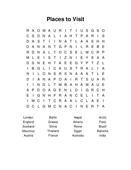 Places to Visit Word Search Puzzle