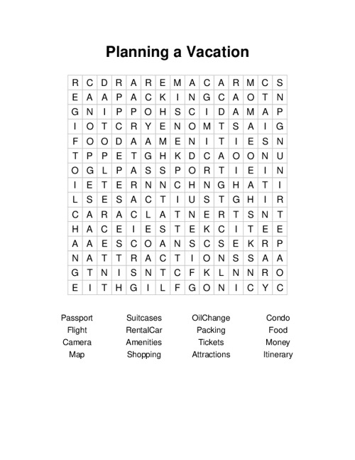 Planning a Vacation Word Search Puzzle