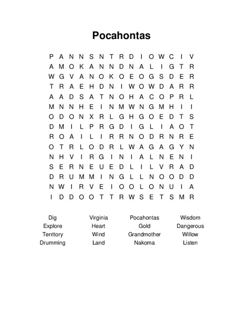 Pocahontas Word Search Puzzle