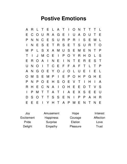 Postive Emotions Word Search Puzzle