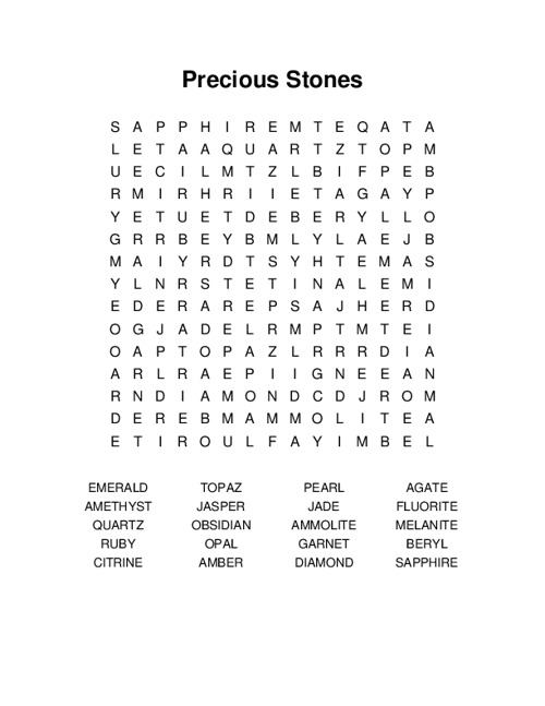 Precious Stones Word Search Puzzle