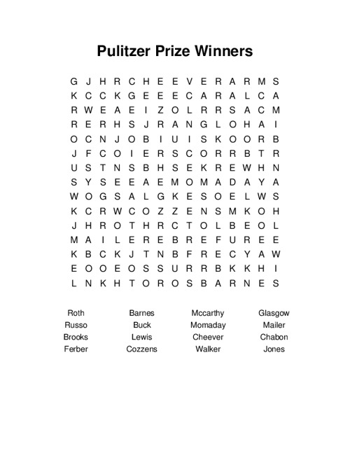 Pulitzer Prize Winners Word Search Puzzle