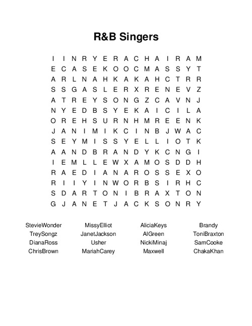 R&B Singers Word Search Puzzle