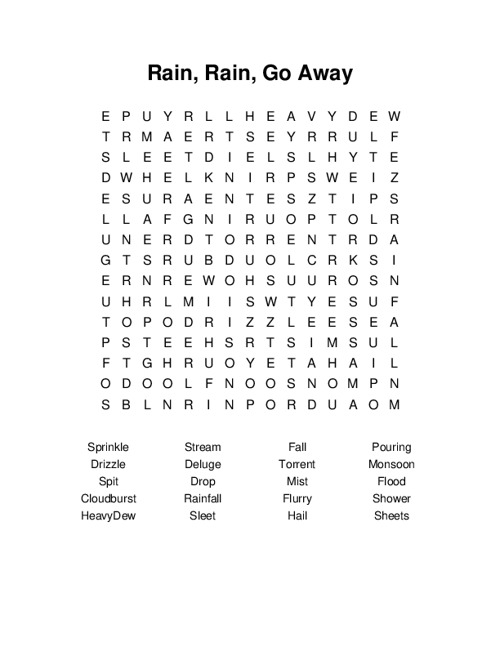 Rain, Rain, Go Away Word Search Puzzle