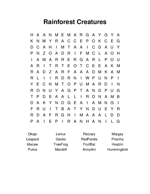 Rainforest Creatures Word Search Puzzle