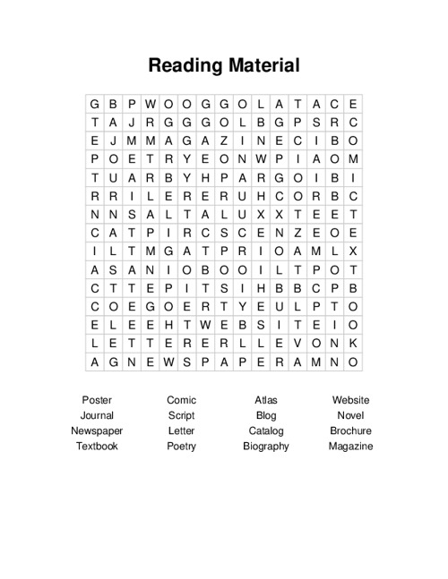 Reading Material Word Search Puzzle