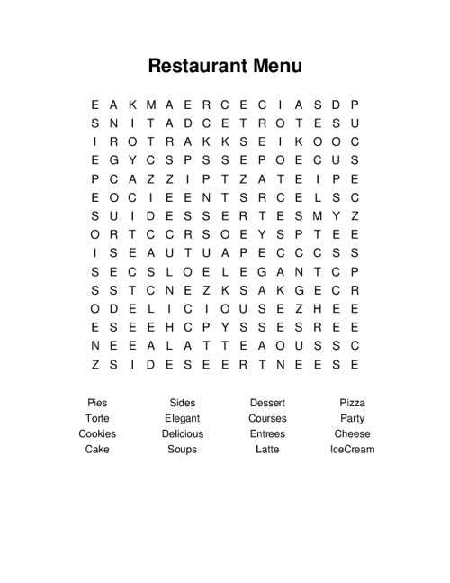 Restaurant Menu Word Search Puzzle