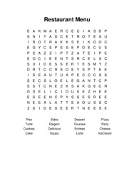 Restaurant Menu Word Search Puzzle