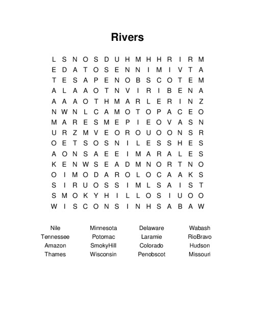 Rivers Word Search Puzzle