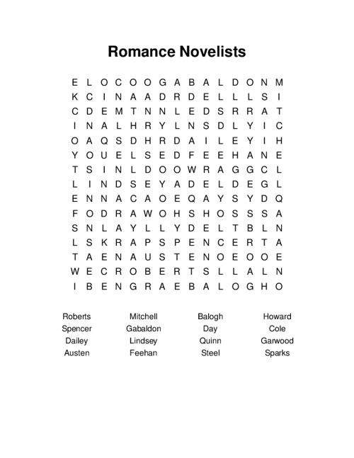 Romance Novelists Word Search Puzzle