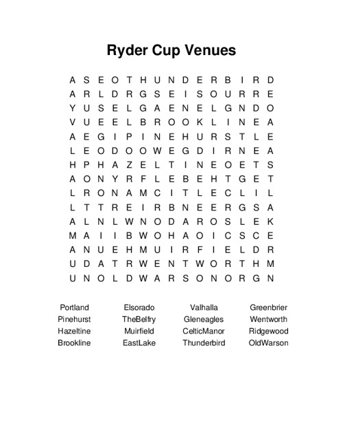 Ryder Cup Venues Word Search Puzzle