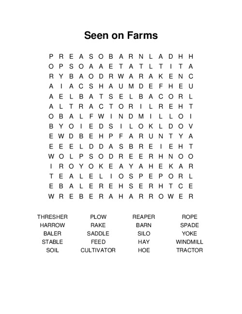 Seen on Farms Word Search Puzzle