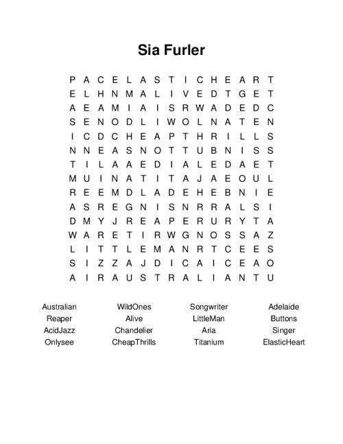 Sia Furler Word Search Puzzle