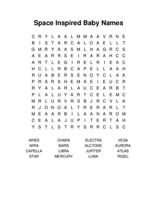 Space Inspired Baby Names Word Search Puzzle