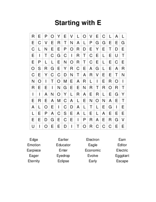 Starting with E Word Search Puzzle