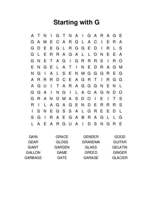 Starting with G Word Search Puzzle