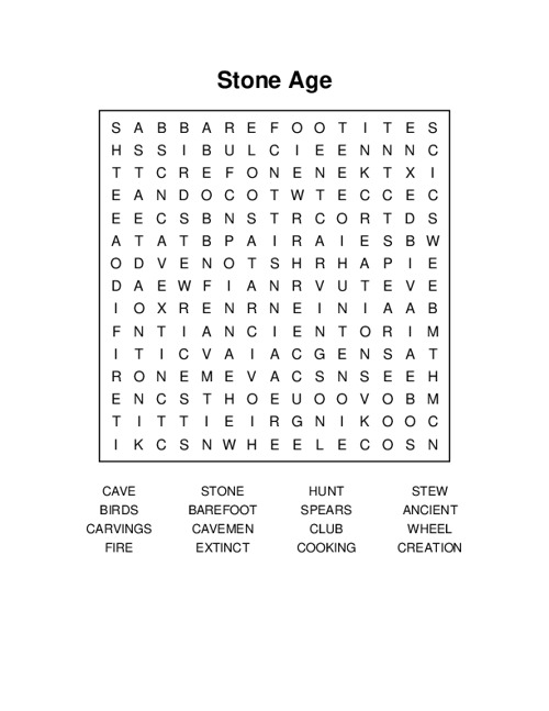 Stone Age Word Search Puzzle