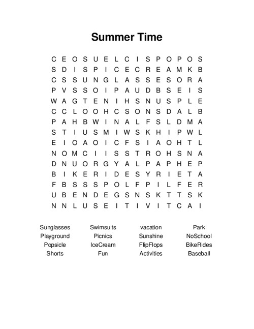 Summer Time Word Search Puzzle