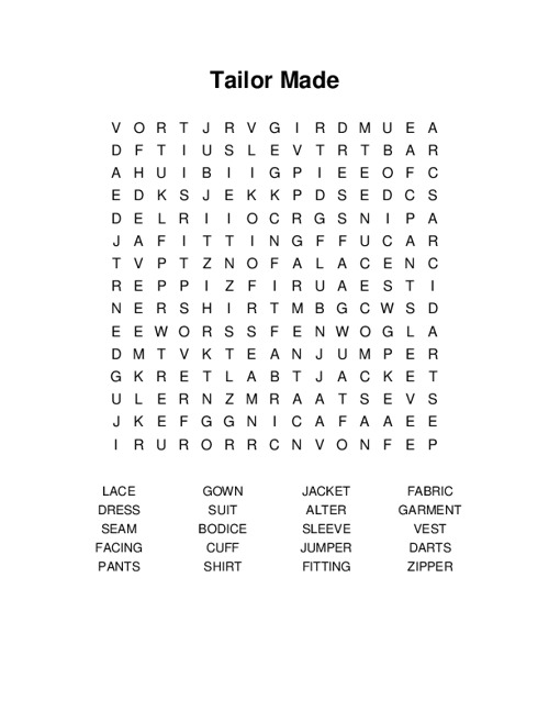 Tailor Made Word Search Puzzle