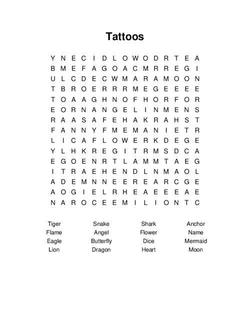 Tattoos Word Search Puzzle