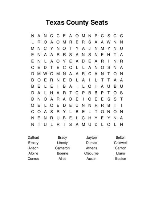 Texas County Seats Word Search Puzzle