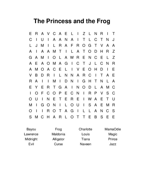 The Princess and the Frog Word Search Puzzle