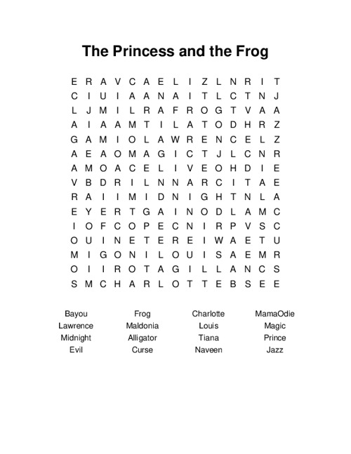 The Princess And The Frog Word Search