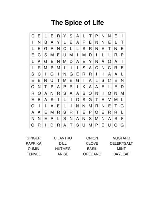 The Spice of Life Word Search Puzzle