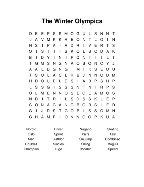 The Winter Olympics Word Search Puzzle