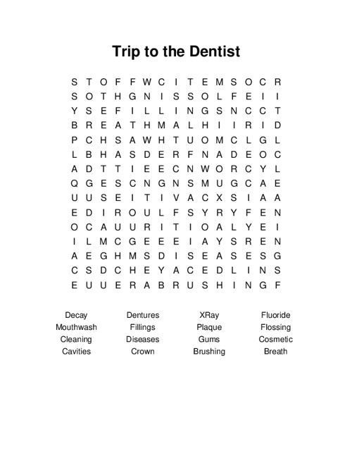 Trip to the Dentist Word Search Puzzle