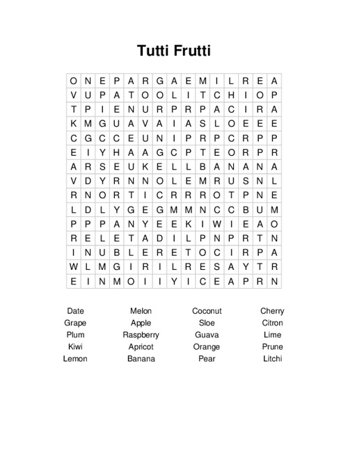 Tutti Frutti Word Search Puzzle