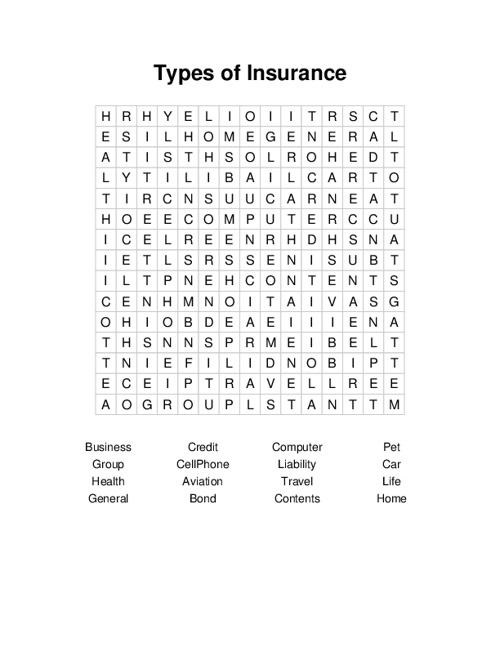 Types of Insurance Word Search Puzzle