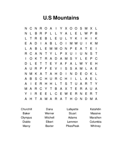 U.S Mountains Word Search Puzzle