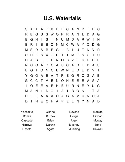 U.S. Waterfalls Word Search Puzzle