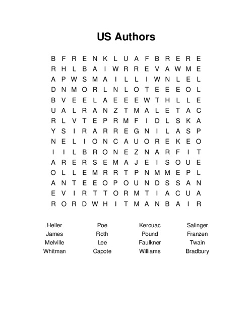 US Authors Word Search Puzzle